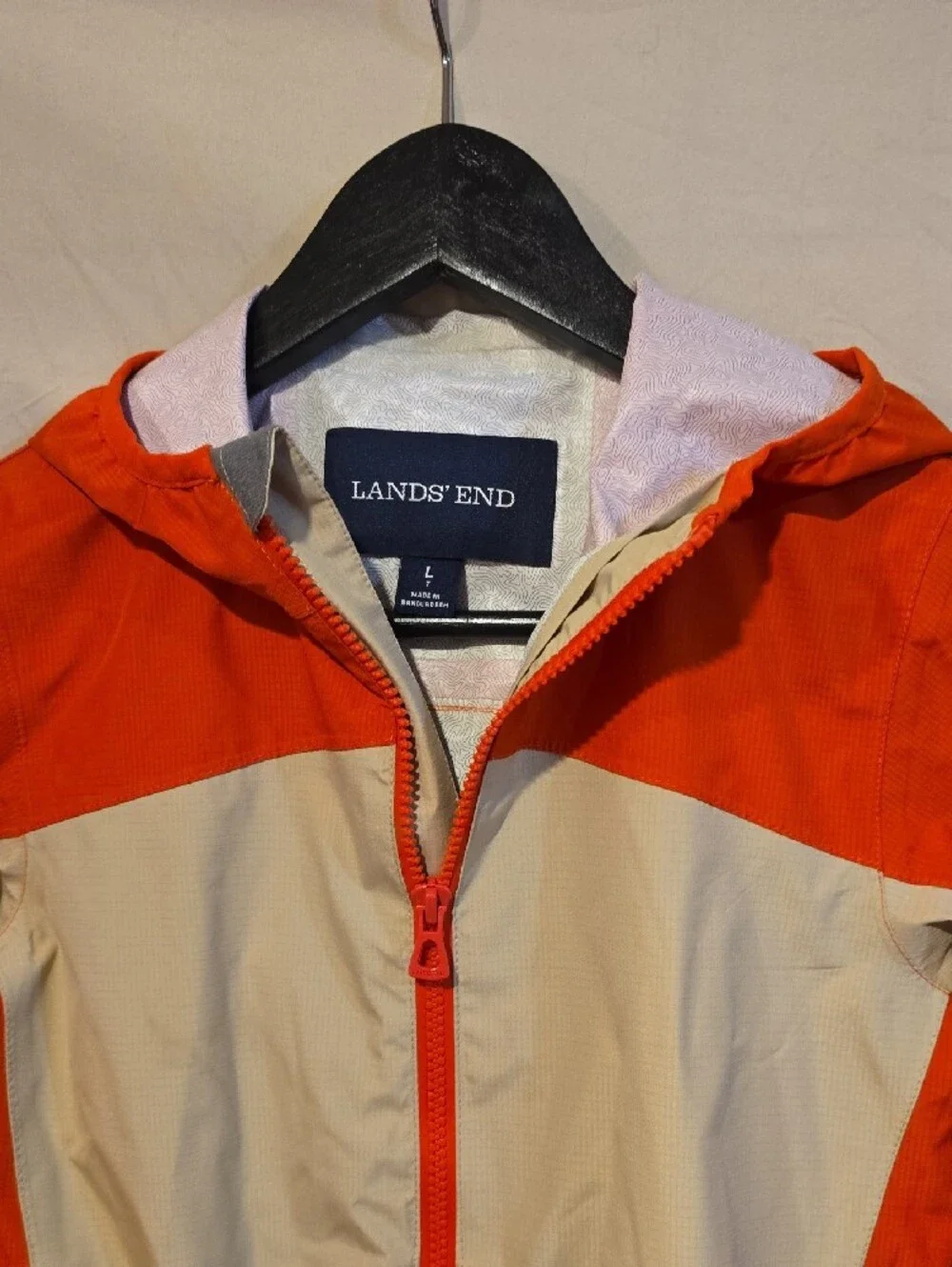 Boy's Lands' End Orange and Cream Hooded Kids' Rain Jacket